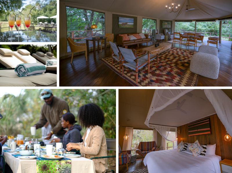 Un collage du Wild Camp et du Muzimu Lodge de Gorongosa