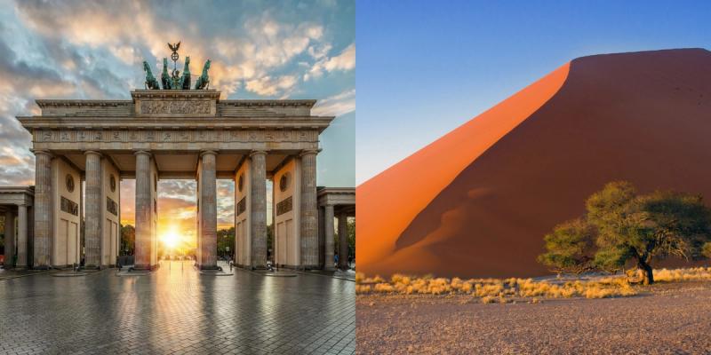 Brandenburg Gate in Berlin, Germany, and a sand dune in Sossusvlei, Namibia