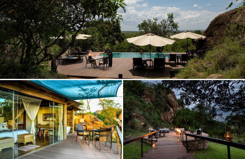 An infinity pool carved into granite overlooks forested plains, while glass-fronted suites and lantern-lit walkways reveal the elevated seclusion of Luxury safari lodges in Tanzania.