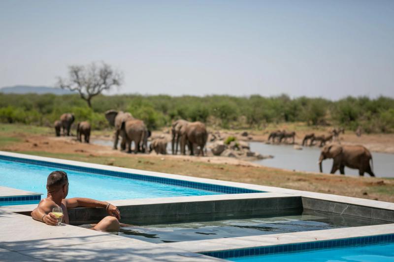 A guest relaxes in a hot tub with a drink in hand while elephants gather at a nearby waterhole, capturing the effortless proximity to wildlife found at lodges with the best waterholes.
