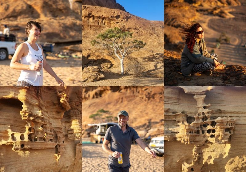 Collage of rock formations, white tree, and riders having a good time