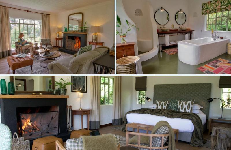 Cosy fireplace suite and luxury bathroom at Sabyinyo Silverback Lodge near Volcanoes National Park