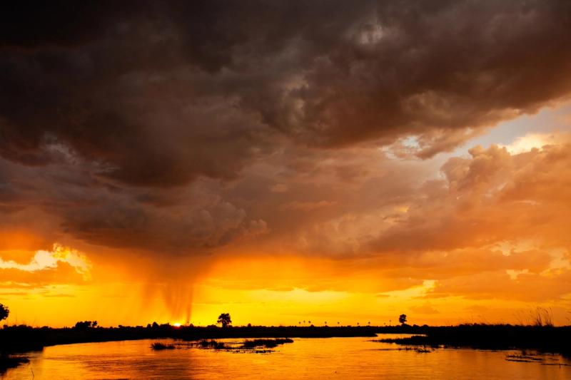 Dark storm clouds roll over the Okavango Delta as the setting sun paints the sky in fiery hues of orange and gold, with streaks of rain falling in the distance.