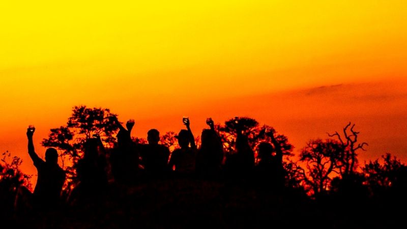 Silhouette of a number of people toasting to the golden horizon