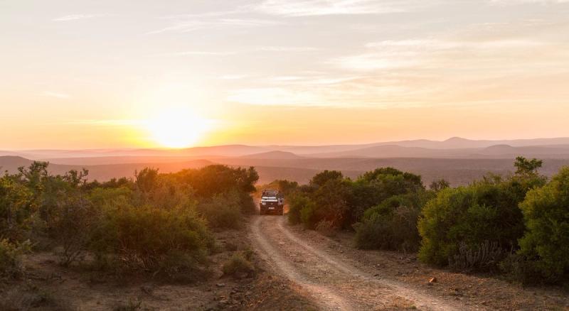 Reisen nach Südafrika: Eine Gruppe auf einer Safari bei Sonnenuntergang