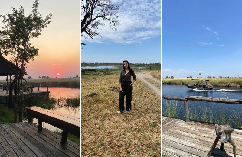 Claudia overlooking the Okavango Delta at sunset and enjoying a boat cruise in Botswana.