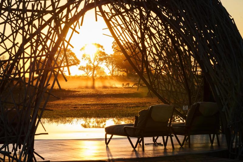 The golden sunrise frames a view of zebras grazing in the misty grasslands, seen from the comfort of a luxury safari lodge—one of the best times to visit Botswana for a safari.
