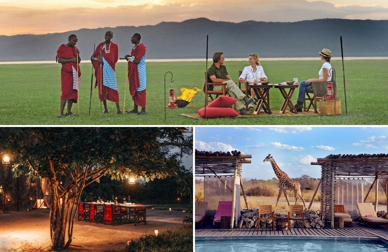 Guests share a sundowner with Maasai hosts on open plains, dine under lantern-lit trees, and relax poolside as a giraffe wanders past, capturing the cultural depth and immersion of Luxury safari lodges in Tanzania.