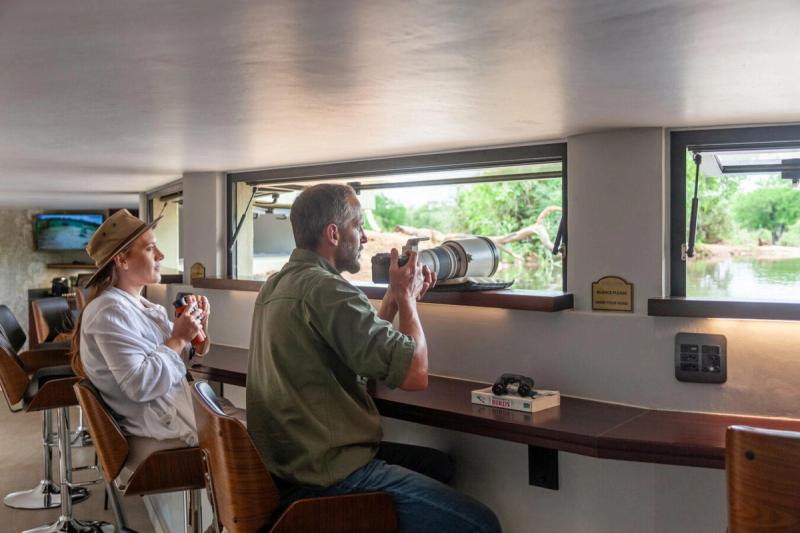 Guests sit quietly inside an underground hide, watching and photographing wildlife at close range through viewing windows, a signature experience of lodges with the best waterholes.