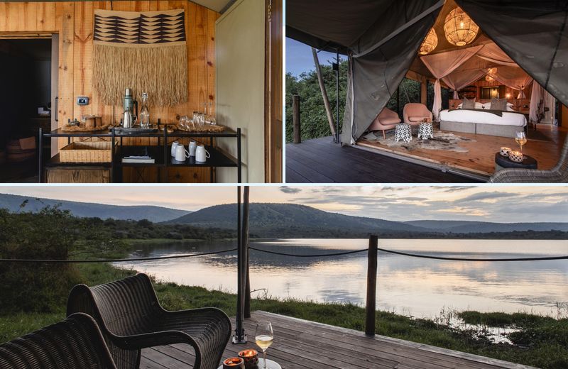 Luxury tented suite and lakeside deck at Magashi Camp in Akagera National Park, Rwanda