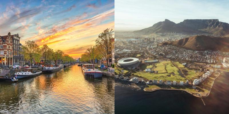 The left side captures Amsterdam's picturesque canals lined with traditional houses and boats under a vibrant sunset, while the right side showcases Cape Town’s coastline, with Table Mountain and the Cape Town Stadium prominently visible.