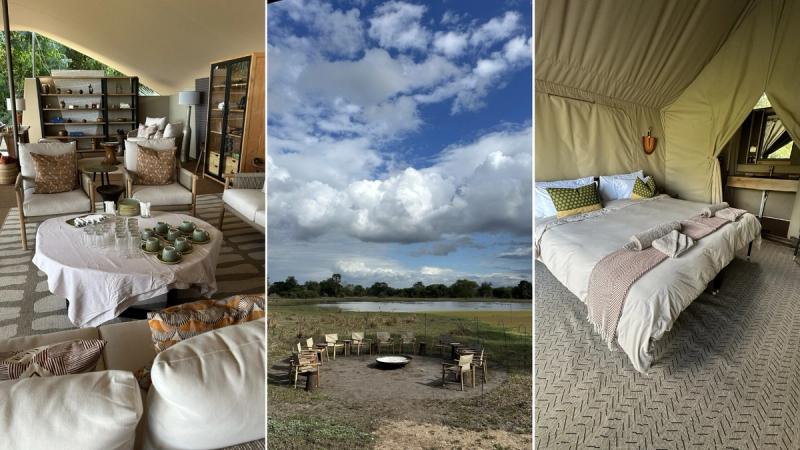 Chicari’s lounge, firepit, and tented bedroom sit open to big skies and wetlands during a Gorongosa safari.