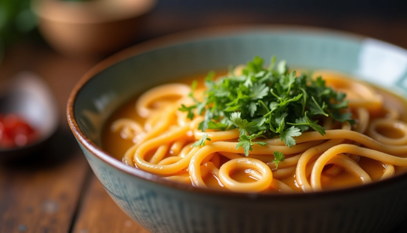 A bowl of ramen garnished with fresh parsley