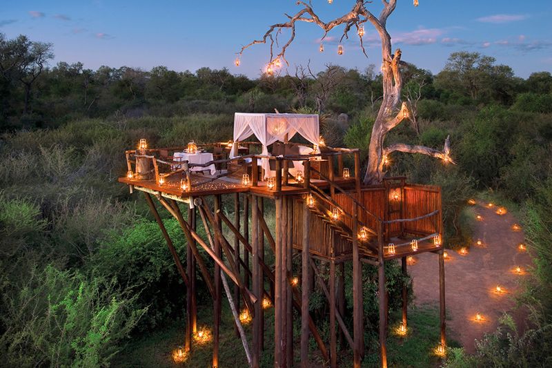 African treehouse with lanterns in the bush