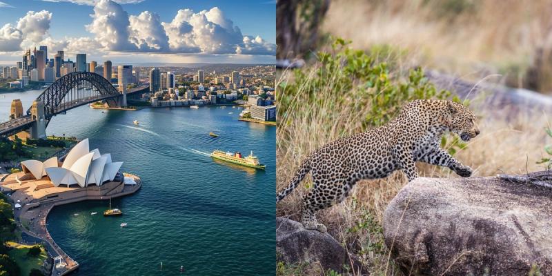Sydney’s Harbour Bridge and a leopard in the African bush highlight the magic of international flight routes to Africa.