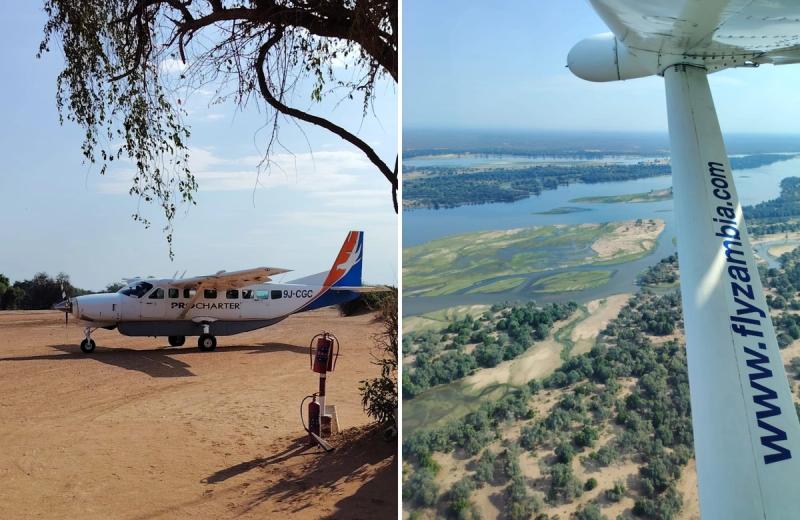 Light aircraft transfer and aerial view over the Lower Zambezi on a Zambia safari