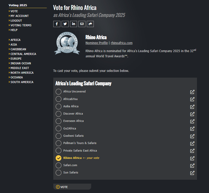 Vote for Rhino Africa as Africa's Leading Luxury Safari Company 2025 in the World Travel Awards