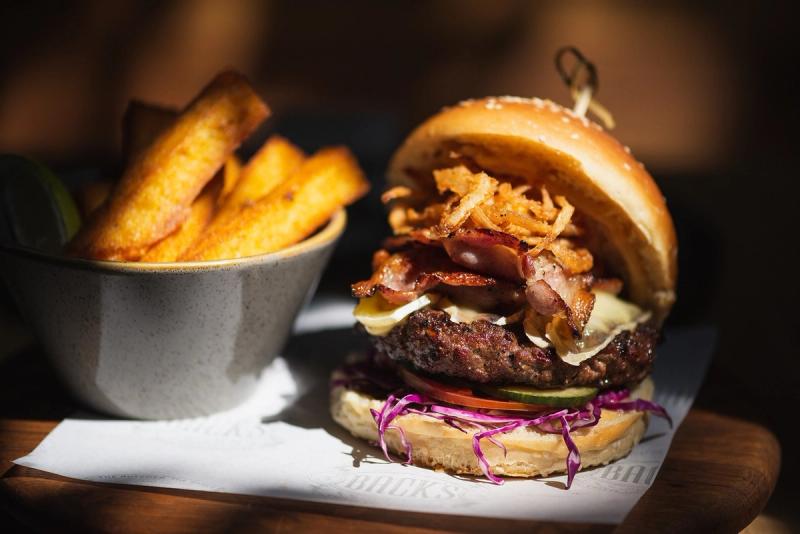 Burger and Chips at Back’s Restaurant and Deli