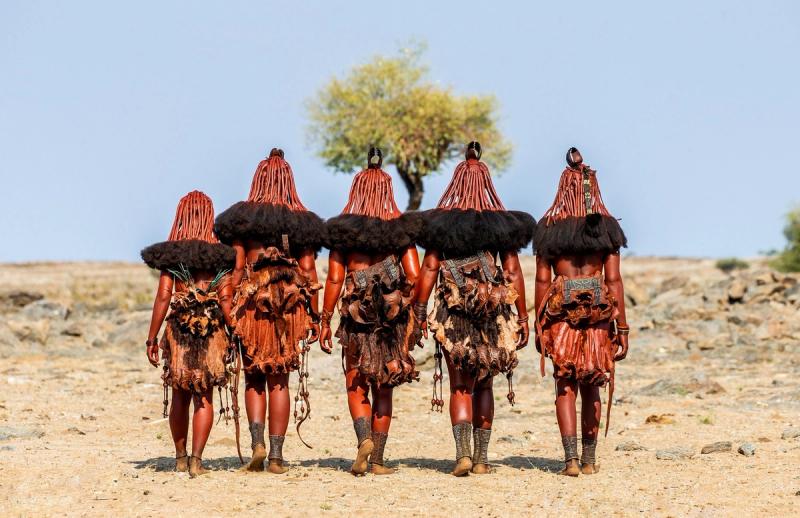 Group of Himba women walking through Namibia