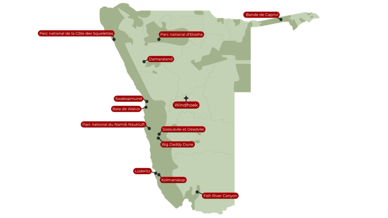 A map of Namibia showing all major destinations and reserves