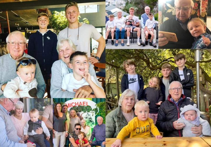 A collage of Roy, Cynthia his wife, children and grand children