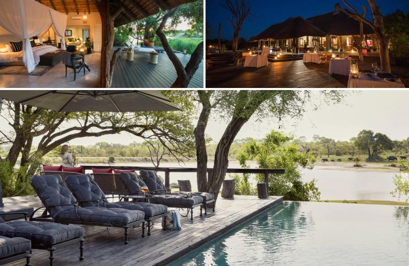 A lakeside safari lodge deck with loungers and an infinity pool facing open bush and elephants in the distance, illustrating why Chitwa Chitwa ranks among lodges with the best waterholes for immersive, unhurried viewing.
