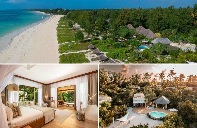 This aerial view of White Sand Luxury Villas & Spa shows private thatched villas and tropical gardens stretching along a quiet Indian Ocean shoreline, a coastal complement to the finest Luxury safari lodges in Tanzania.