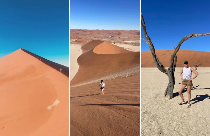 Views from Big Daddy and Deadvlei in Sossusvlei, featuring towering red sand dunes and Namibia's iconic white clay pan.