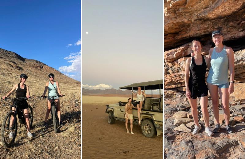Guests exploring Sossusvlei Desert Lodge by e-bike, game drive, and guided walk in the Namib Desert, Namibia.