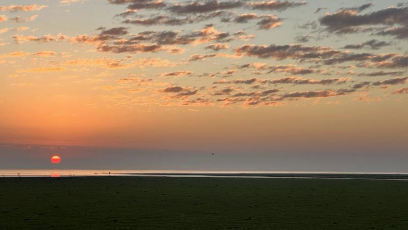The sun rises over a vast open plain and distant waterline during a Gorongosa safari.