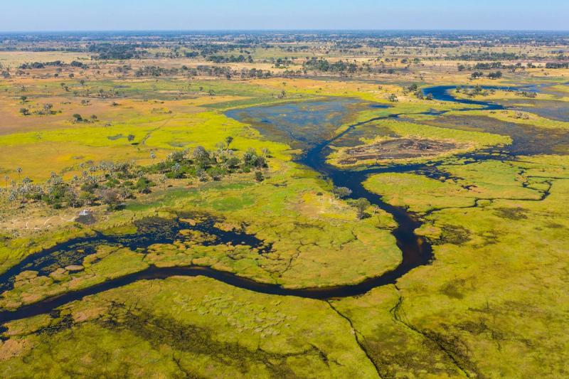 An aerial view shows winding waterways and green floodplains, highlighting the vibrant landscapes of Africa in September.
