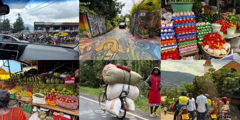 A collage of scenes from Kigali, showing motorbike traffic, vibrant street art, colourful markets, and locals navigating daily life.