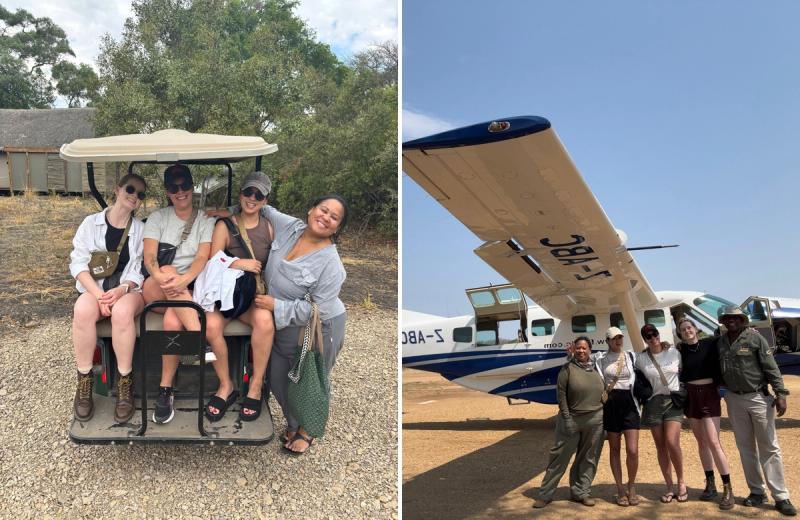 A group of travellers in front of a small aircraft on a Zimbabwe safari