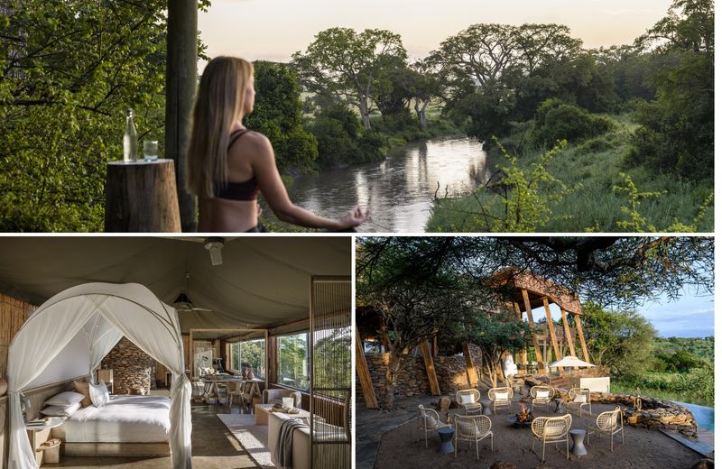 A guest meditates beside a river at sunrise while nearby images reveal a canvas-walled suite and a stone firepit terrace, illustrating the immersive elegance of Luxury safari lodges in Tanzania.