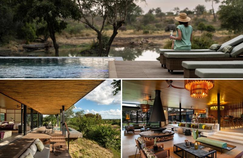 A contemporary safari lodge with decks, pools, and open interiors overlooking a calm riverbed and natural drinking spot, illustrating why it ranks among the lodges with the best waterholes for slow, immersive stays.