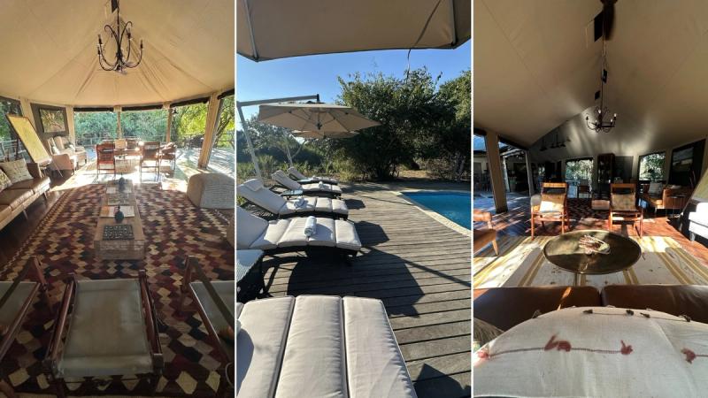 Muzimu Lodge’s tented interiors and pool deck sit open to the surrounding trees during a Gorongosa safari.