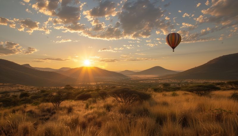 A golden sunrise over rolling hills and savannah grasslands, with a hot air balloon floating gracefully in the sky