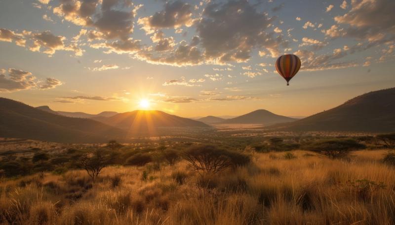 A golden sunrise over rolling hills and savannah grasslands, with a hot air balloon floating gracefully in the sky