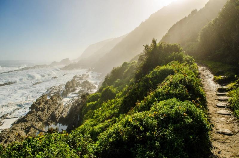 A rugged coastal path winds past green cliffs and crashing waves, capturing the wild beauty of Africa in September