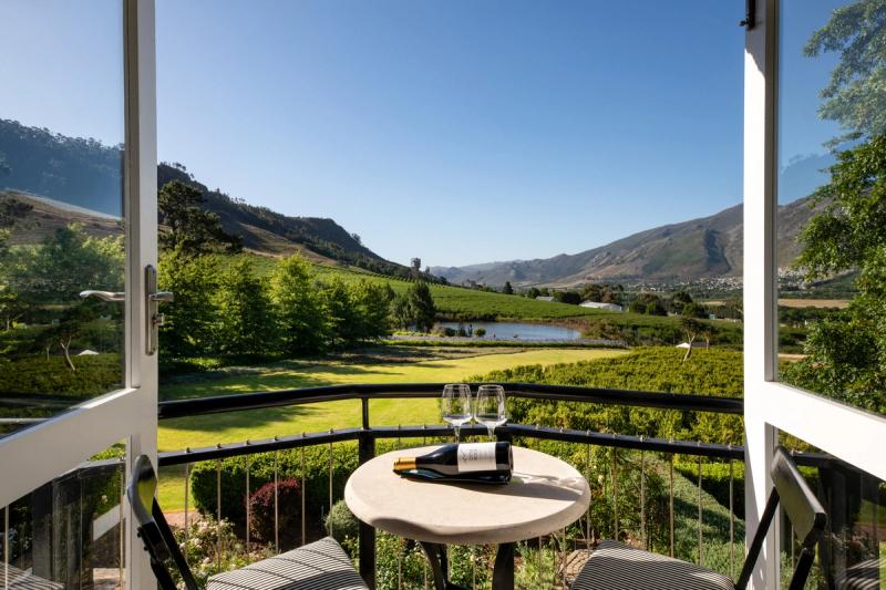 Room at Mont Rochelle overlooking vineyards