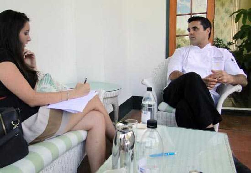 Interviewing Chef Peter Tempelhoff on the veranda of Cellars-Hohenort