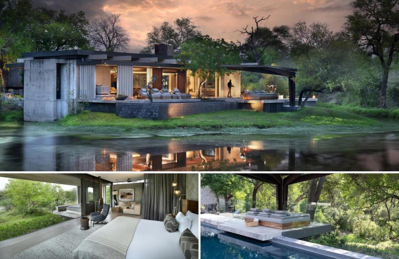 A sleek, glass-fronted safari lodge reflecting in a calm waterhole, with open living spaces, decks and pools overlooking the bush, exemplifying lodges with the best waterholes designed for living alongside the landscape.