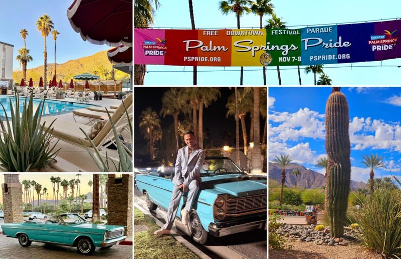 A collage of Palm Springs scenes featuring a poolside view, a Pride banner, classic turquoise cars, desert cactus, and palm-lined streets.