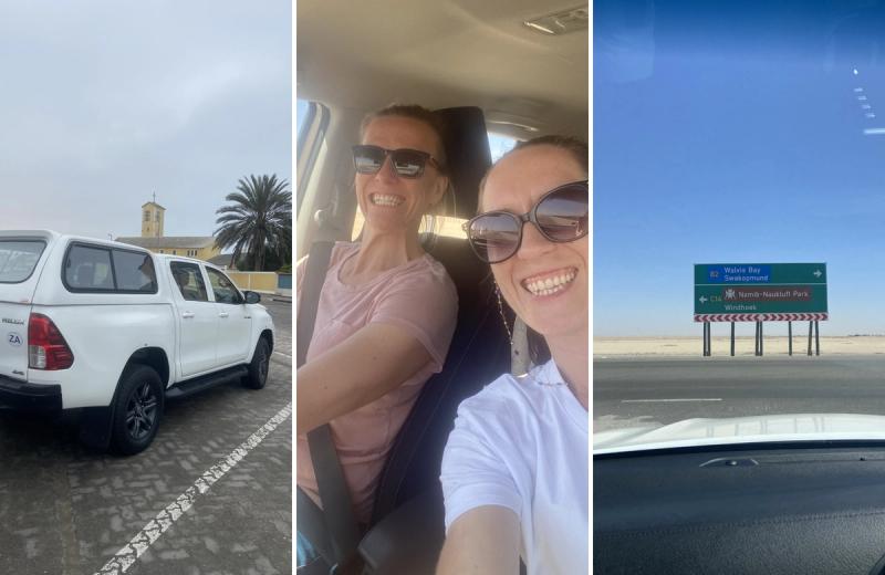 Peggy and Julia beginning their Namibia self-drive adventure in a rental vehicle near Swakopmund and Walvis Bay.