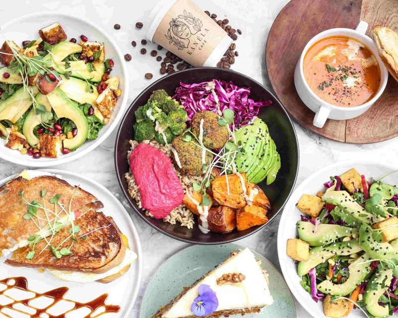 Delicious, colourful spread of various vegetarian and vegan dishes.