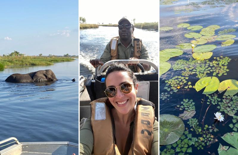 Claudia enjoying a boat safari on the Okavango Delta with an elephant swimming nearby.