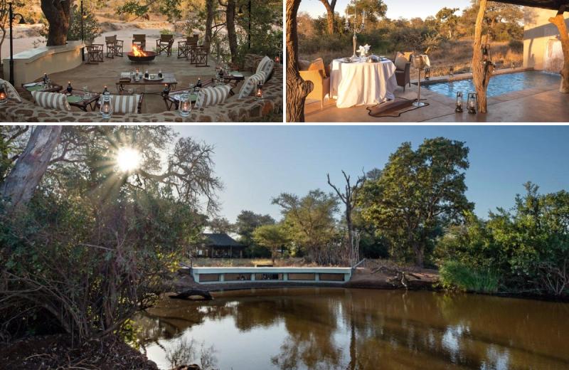 An outdoor lodge dining area and deck overlook a calm, muddy waterhole framed by trees at one of the lodges with the best waterholes, where firelight, linen-draped tables, and still water share the same quiet stage.