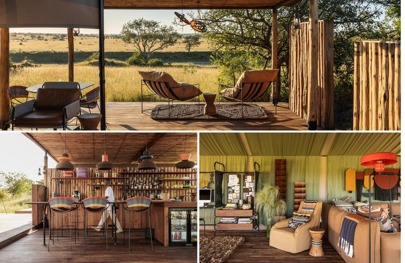 A timber deck with cushioned chairs overlooks sweeping plains while a handcrafted bar and canvas lounge reveal the textured interiors typical of Luxury safari lodges in Tanzania.