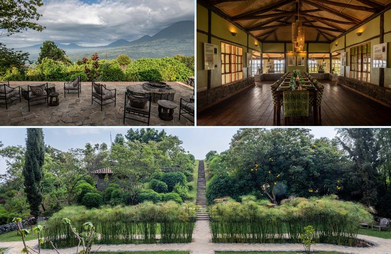 Panoramic volcano views and rustic dining lodge at Virunga Lodge in Rwanda