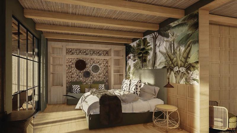 A warm, nature-inspired bedroom features botanical wall art, soft layered textures, and timber details that echo the surrounding landscape.
